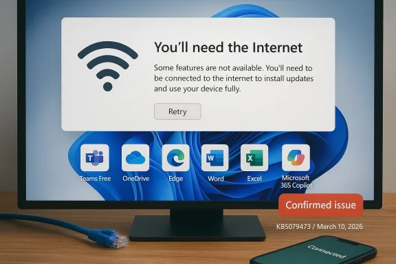 Windows app message on a monitor: “You’ll need the Internet” with a Retry prompt. Windows app message on a monitor: “You’ll need the Internet” with a Retry prompt.