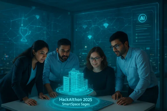Team of professionals collaborating at a table with a glowing AI/architecture hologram for HackAIthon 2025.