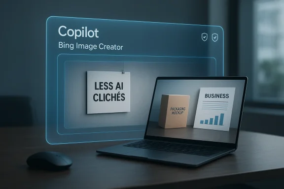 Laptop screen and floating UI for “Copilot Bing Image Creator” with “LESS AI CLICHÉS” and mockups.
