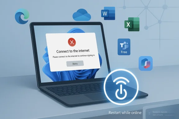 A laptop shows a “Connect to the internet” error with a restart prompt and cloud app icons.