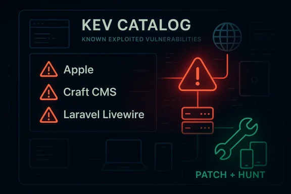 Cybersecurity “KEV CATALOG” graphic showing Apple, Craft CMS, and Laravel Livewire vulnerabilities with patch+hunt.