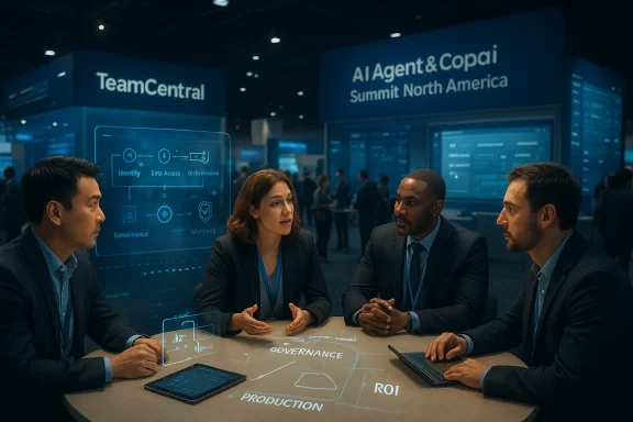 Business team discusses AI governance and strategy at a tech conference with holographic dashboards in view.