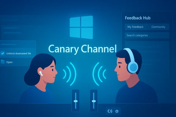 Illustration of two people with headsets communicating, over a “Canary Channel” Windows Feedback Hub UI.
