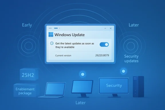 Blue graphic showing a Windows Update window with “Early/Later” and “Security updates” prompts.