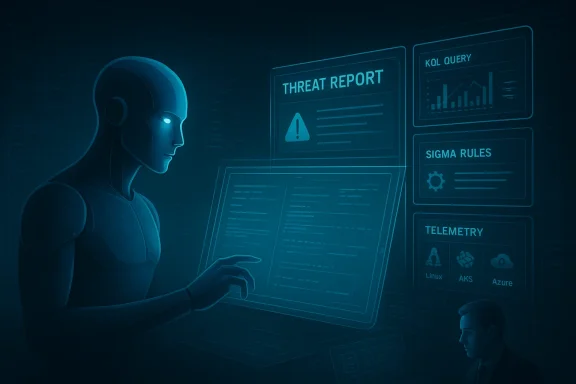 Futuristic cybersecurity scene with a glowing hacker interface showing threat reports, KOL query, and telemetry.