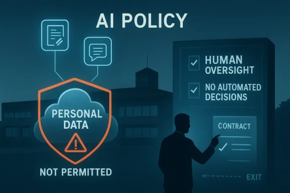 AI policy poster warning against using personal data and automated decisions, with “human oversight” emphasized.