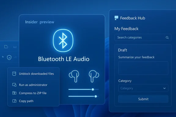 Screenshot of a Windows UI featuring “Bluetooth LE Audio” preview and a “Feedback Hub” draft form.