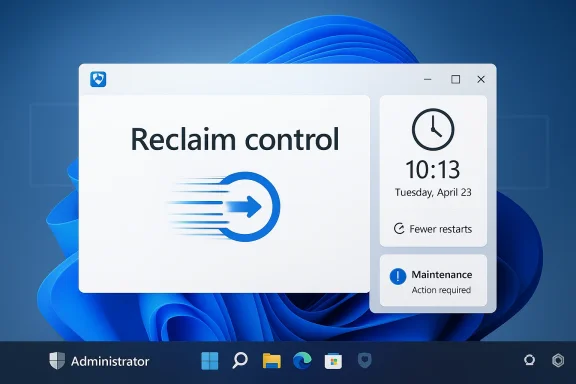 Windows-style alert window on blue desktop shows “Reclaim control” and a maintenance action required reminder.