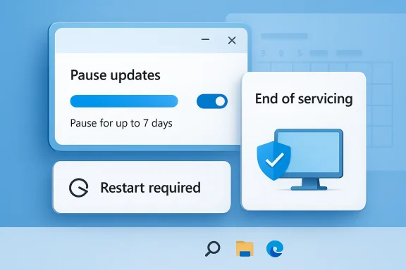 Illustration of software update controls: pause updates, end of servicing, and restart required dialogs.