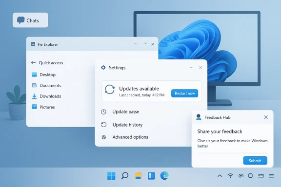 Windows desktop showing File Explorer, Settings with “Updates available,” and Feedback Hub dialogs.