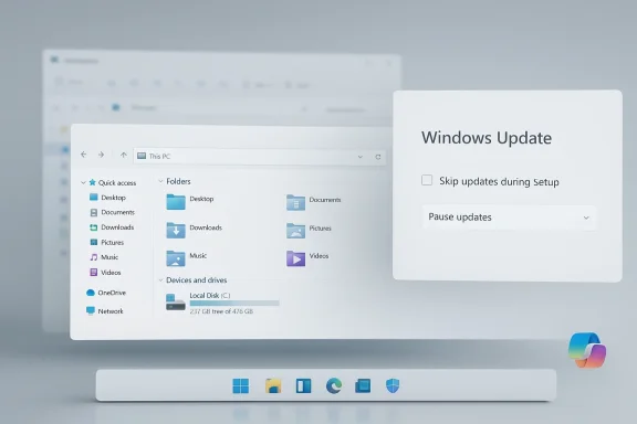 Windows Update settings window with “Skip updates during Setup” and “Pause updates” options.