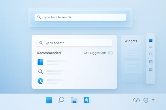 Futuristic desktop UI showing a search bar, recommendations list, and Widgets panel on a blue background.