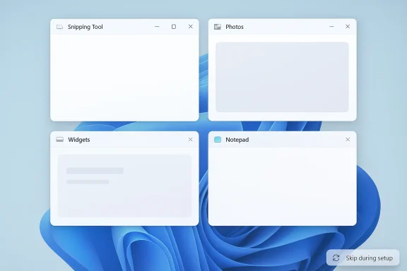 Windows desktop mockup showing Snipping Tool, Photos, Widgets, and Notepad windows on a blue background.