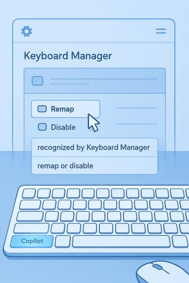 Illustration of a Keyboard Manager UI showing “Remap” and “Disable” options with a cursor.