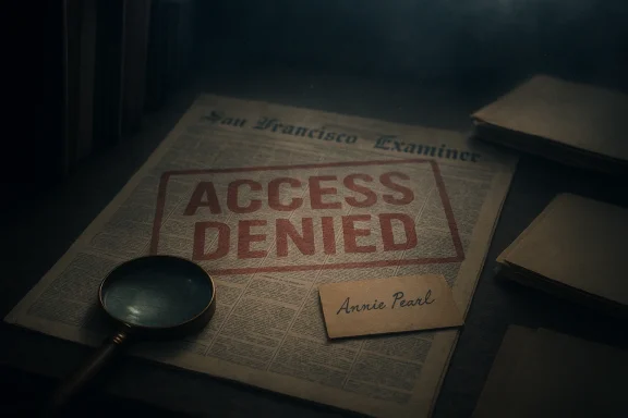 Newspaper labeled “ACCESS DENIED” with a magnifying glass and the name “Annie Pearl” on a desk. Newspaper labeled “ACCESS DENIED” with a magnifying glass and the name “Annie Pearl” on a desk.