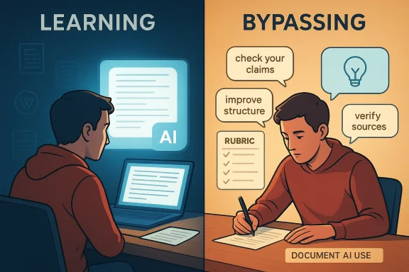 Split-screen illustration showing AI learning vs bypassing with prompts to check claims, improve structure, verify sources.