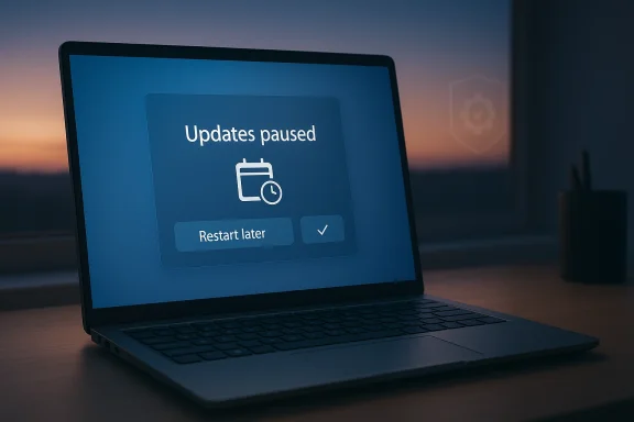 Laptop screen shows “Updates paused” with a restart later option in a sunset office setting.