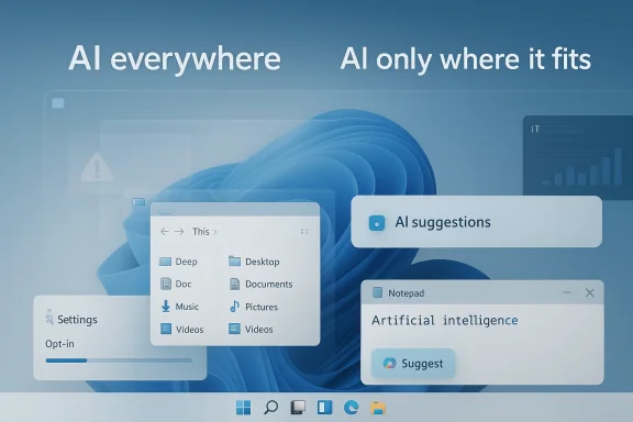Futuristic Windows desktop UI with AI suggestions and the text “AI everywhere” and “AI only where it fits.”