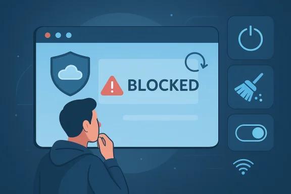 Illustration shows a person looking at a computer screen with a “BLOCKED” warning icon.