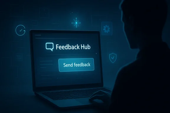 A glowing laptop screen shows a “Feedback Hub” interface with a “Send feedback” button.