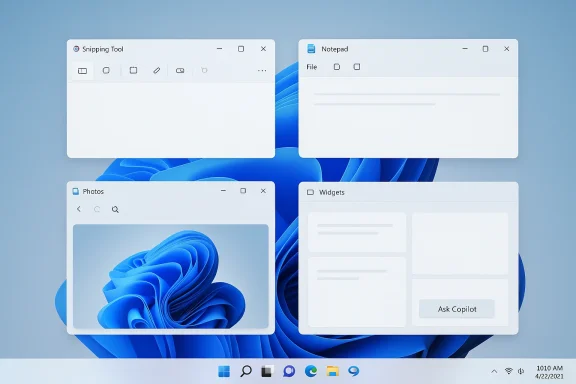 Four windows open on a blue Windows 11 desktop showing Shipping Tool, Notepad, Photos, and Widgets.