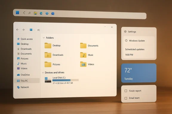 Windows File Explorer open with Settings, weather, and task cards on a desktop.