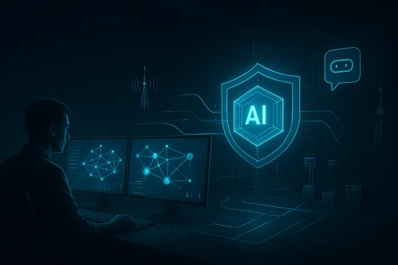 A technician monitors AI network data while a glowing shield with “AI” overlays the digital system.