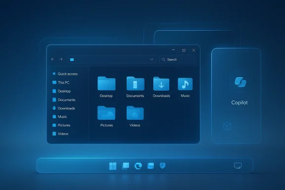 Futuristic Windows file explorer UI with folders, sidebar menu, and a Copilot panel on a blue background. Futuristic Windows file explorer UI with folders, sidebar menu, and a Copilot panel on a blue background.