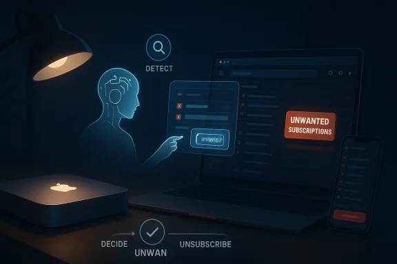 A neon “detect” system flags unwanted subscriptions on a laptop, with a robot head and “unsubscribe” prompt.