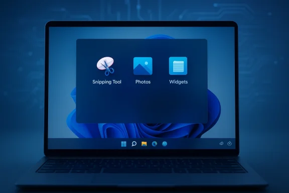 A blue-themed laptop screen shows a Snipping Tool, Photos, and Widgets menu.