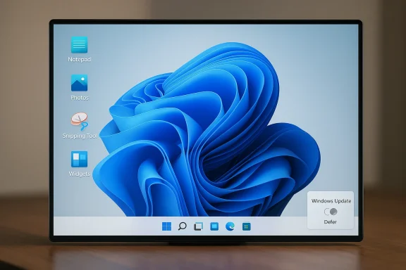 A monitor displays the Windows 11 desktop with blue swirl wallpaper and app icons.