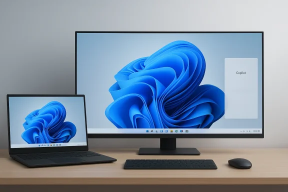 Desktop setup with Windows 11-style blue abstract swirl on dual monitor and laptop.