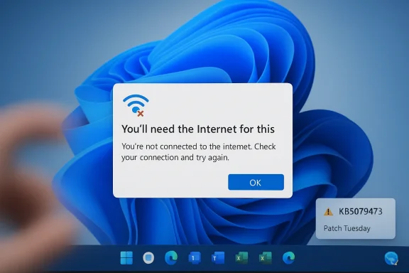 Windows error message on a blue background stating you need the internet connection, with an OK button.