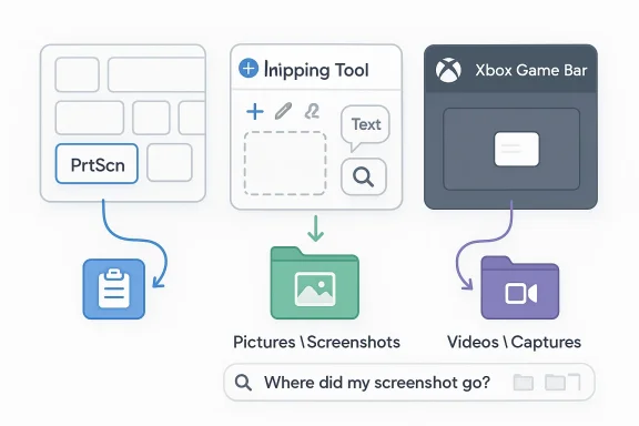 Infographic showing Xbox screenshot capture flow to “Pictures/Screenshots” and “Videos/Captures.”