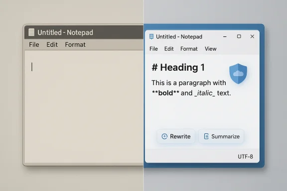 Side-by-side notepad windows showing Markdown text “Heading 1” and formatted paragraph with rewrite/summarize buttons.