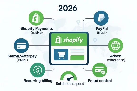 Infographic showing Shopify Payments (2026) connected to PayPal, Klarna/BNPL, Adyen, settlement speed, and fraud control.