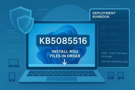 Illustration of a laptop deployment screen showing “DEPLOYMENT RUNBOOK” and installing MSI files in order.