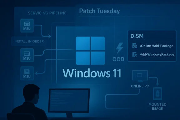 Blue infographic showing Windows 11 patch Tuesday servicing pipeline with DISM commands and MSU order. Blue infographic showing Windows 11 patch Tuesday servicing pipeline with DISM commands and MSU order.