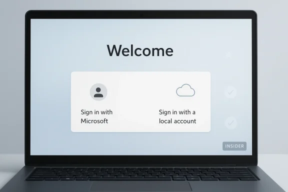 Laptop screen shows a Windows-style sign-in options page with “Welcome,” Microsoft account, and local account.