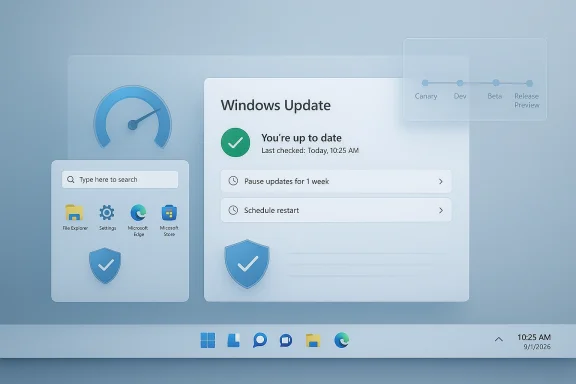 Windows Update screen showing the PC is up to date with update options and restart scheduling.