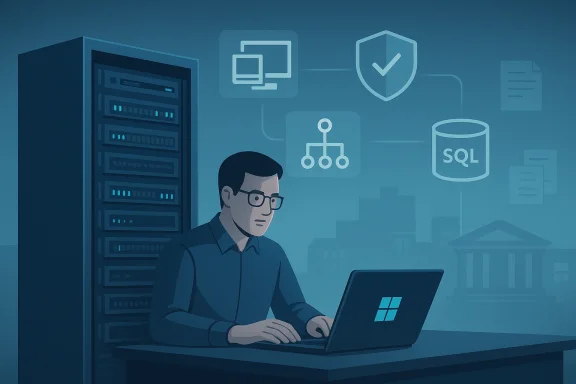 Illustrated server room with a technician using a laptop, surrounded by database and security icons.