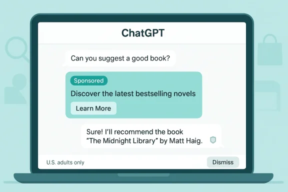 Laptop screen showing a ChatGPT chat with a sponsored book ad and recommendation about “The Midnight Library.”