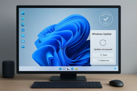 Desktop monitor shows Windows Update paused on a Windows 11 blue swirl background.