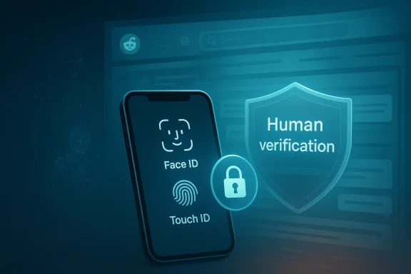 Digital security interface showing Face ID and Touch ID for human verification, with a lock shield.