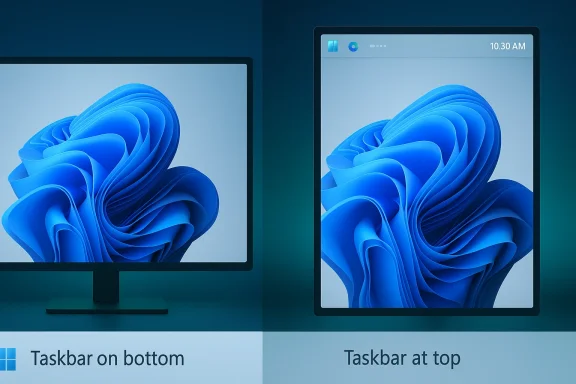 Side-by-side monitors show Windows 11 taskbar placement: bottom vs top over a blue swirl wallpaper.