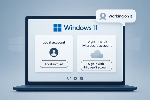 Laptop screen shows Windows 11 sign-in options: local account or Microsoft account, with “Working on it” status.