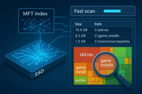 Illustration of an SSD fast scan showing disk paths and file sizes via an index and magnifying glass.