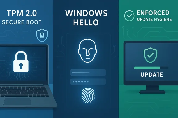 Windows security-themed graphic showing TPM 2.0 secure boot, Windows Hello, and enforced update hygiene.