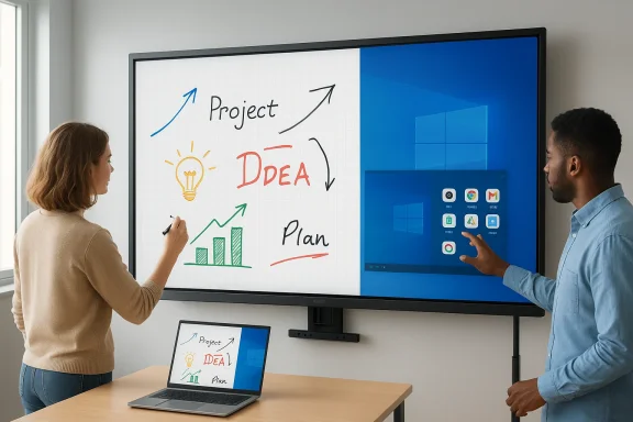 Two people presenting a “Project Idea Plan” on a large interactive screen in a modern office.