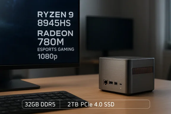 Gaming PC setup with monitor text “Ryzen 9 8945HS” and a mini box showing “32GB DDR5” and “2TB PCIe 4.0 SSD.”